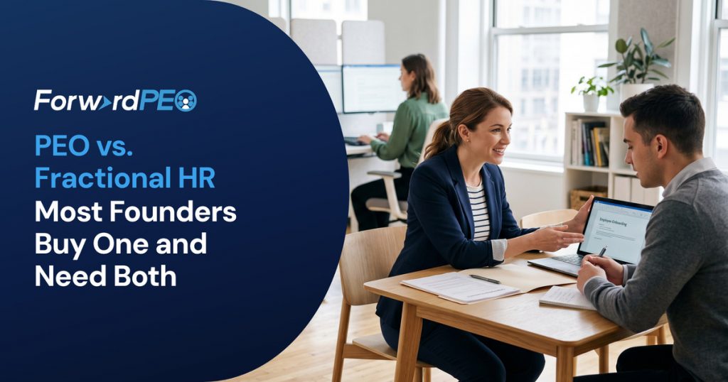 PEO vs. fractional HR - two colleagues reviewing employee onboarding on a laptop in an office