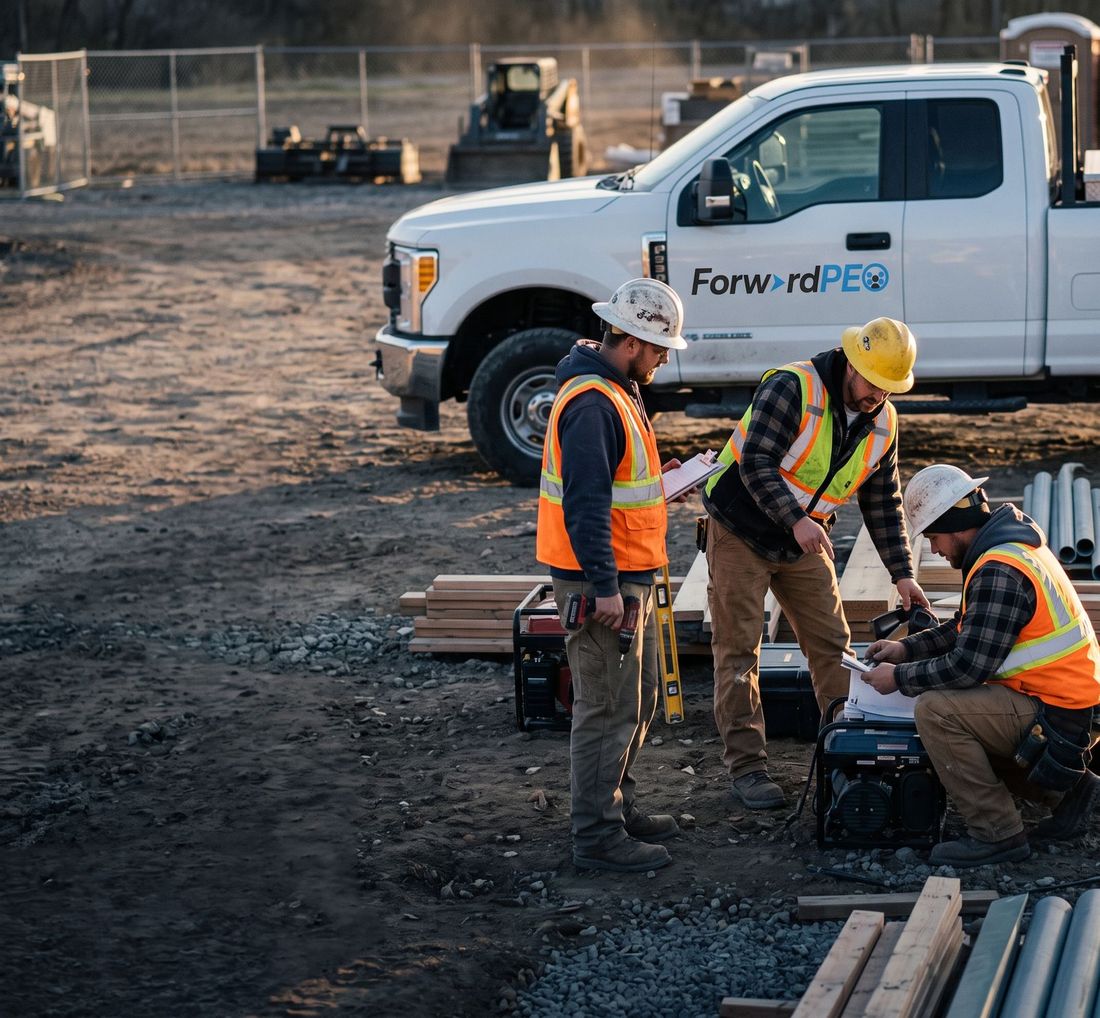 Construction crew on a jobsite beside a ForwardPEO truck