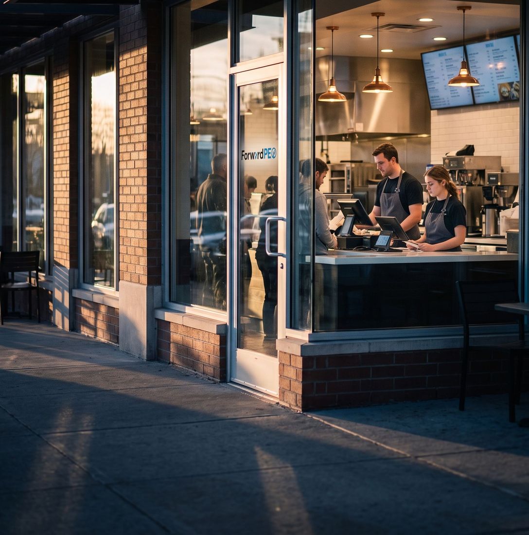 Staff working the counter at a franchise café location