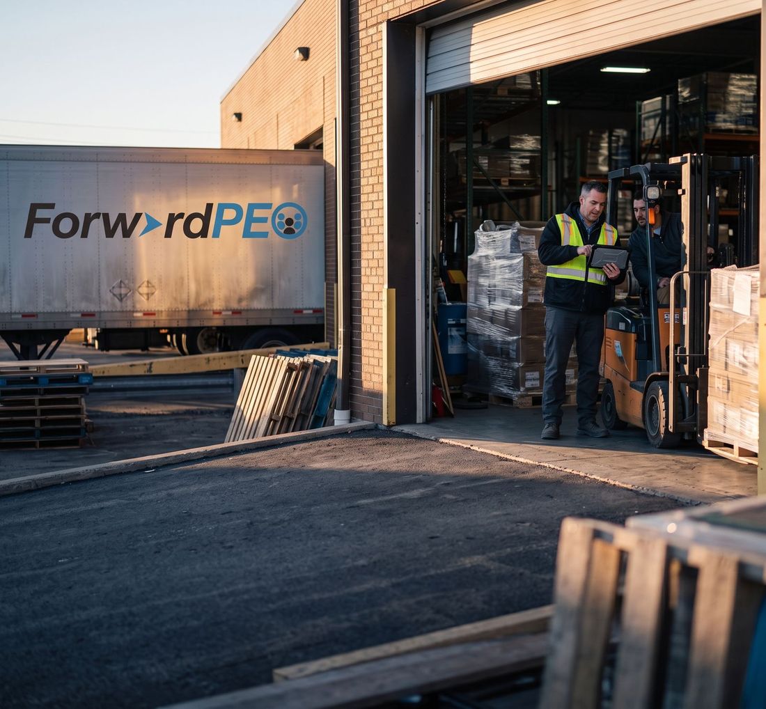 Warehouse worker at a loading dock beside a ForwardPEO trailer