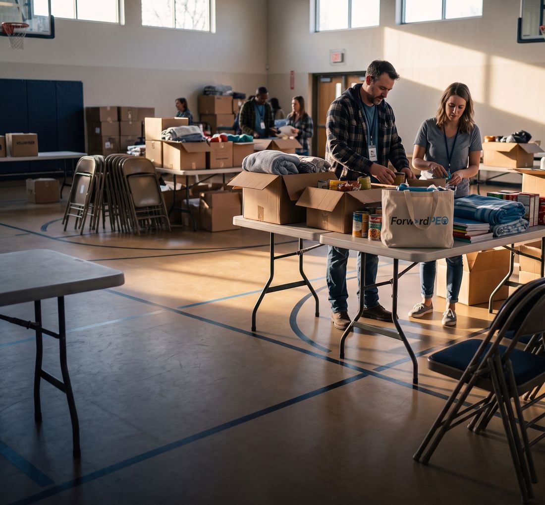Nonprofit volunteers packing donation boxes