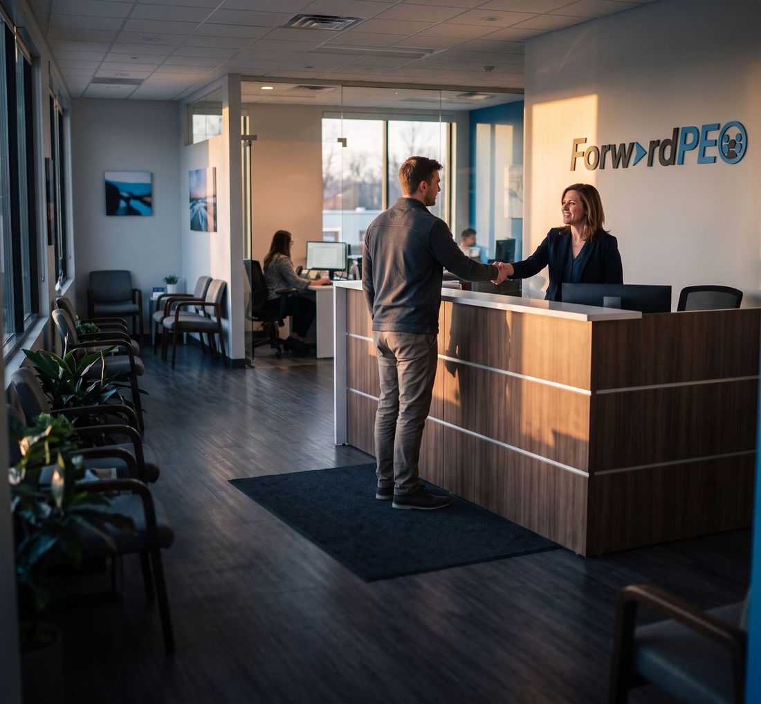 Recruiter greeting a candidate at a staffing agency front desk