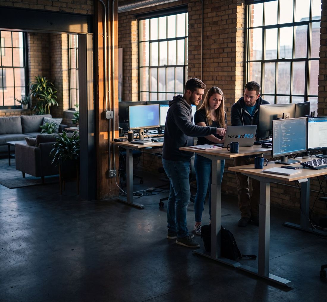 Startup team working at standing desks in a loft office